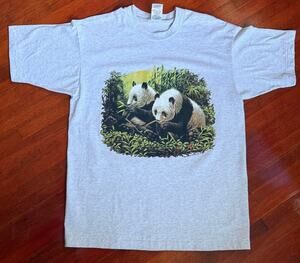 Vintage Y2K Fruit Of Loom Heather Gray Pandas T Shirt Green Bamboo Tee Large